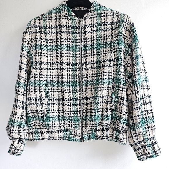 New Zara Plaid Textured Tweed Oversized Bomber Green Chanel Style Jacket NWT XS - Picture 14 of 17